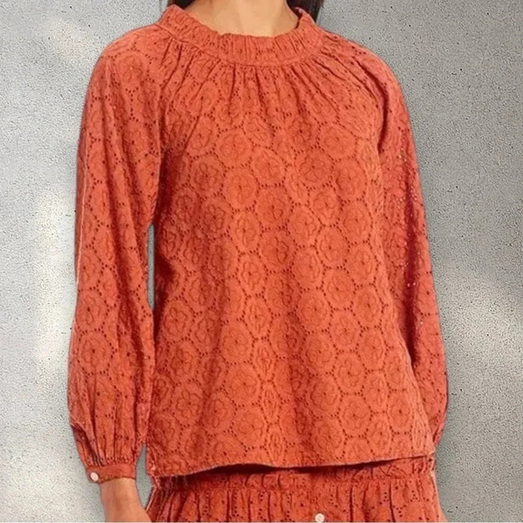 Roberta Roller Rabbit Terracotta Floral Long Sleeve Coquette Top - Picture 1 of 9